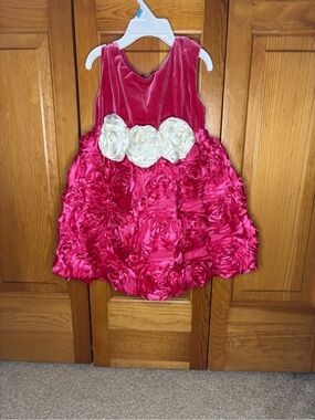 Cach Cach Pink Velvet & Rosette Satin Dress with Cream Flower Belt